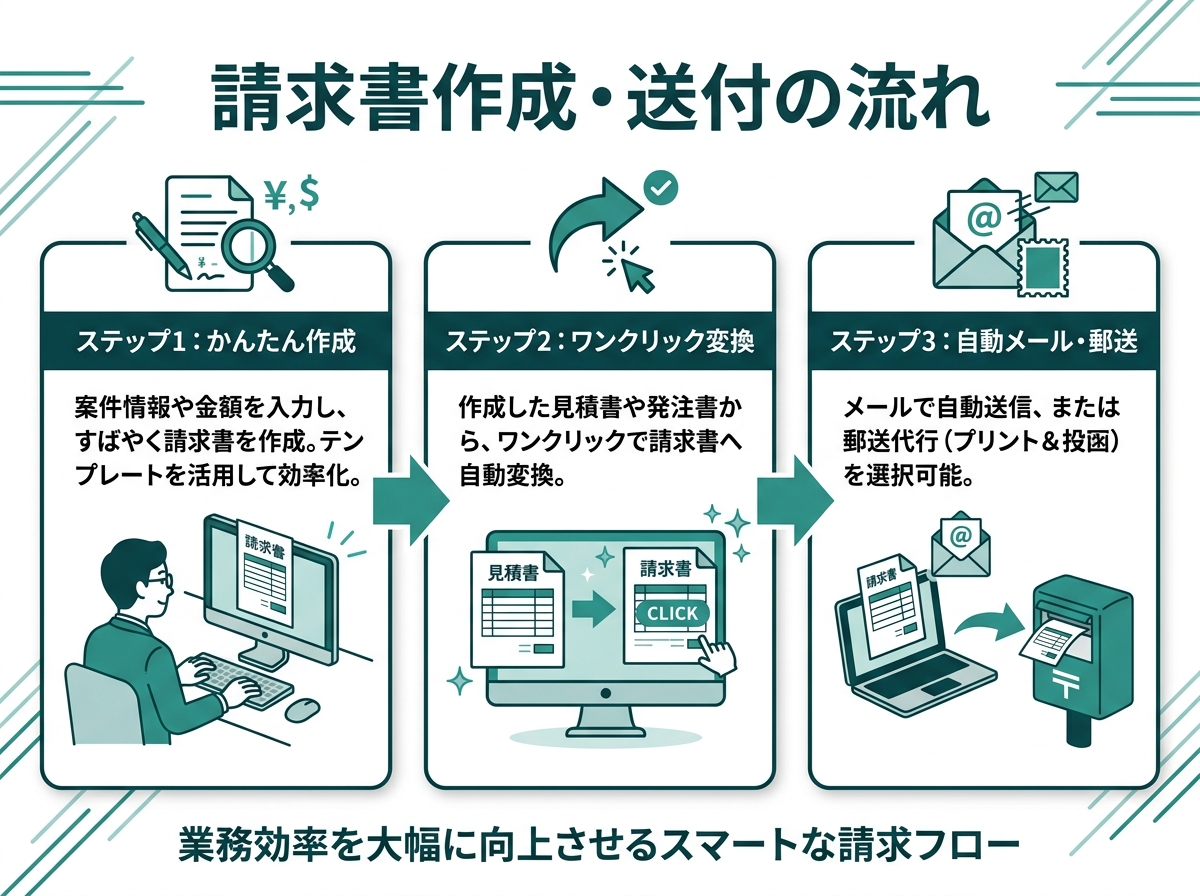 Misocaの日本語3ステップ作成・送信フロー図